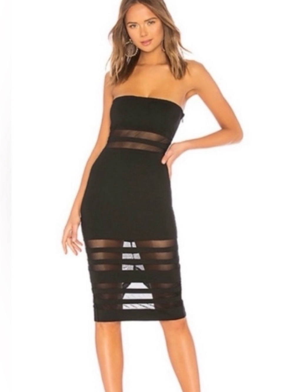 by the way. Strapless Black Midi Dress with Sheer Mesh Bands | Revolve